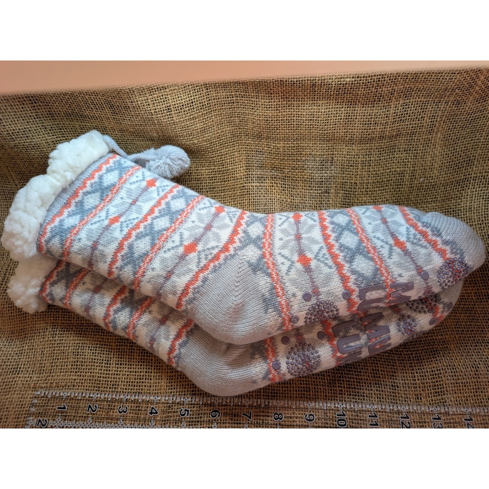Muk Luks Womens Fair Isle Cabin Socks Grey Orange Pom Pom Slipper Socks Grippers
